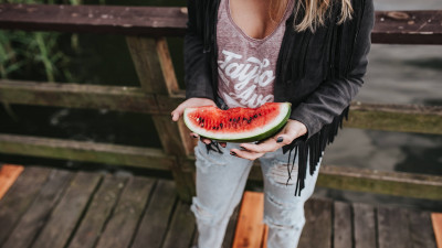 The girl with a watermelon slice