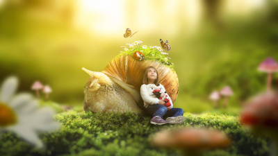 Fantasy: Snail, ladybug, butterfly, child