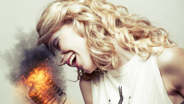 Singer, microphone, illustration, fire