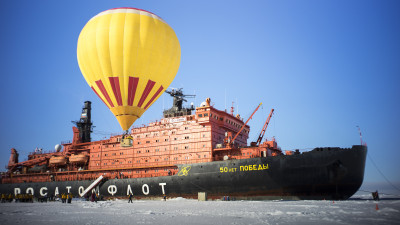 With hot air balloon at the North Pole