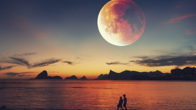 Dreamy sunset on the lake shore
