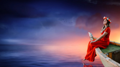 Beautiful girl, sunset, boat, lake, dreaming