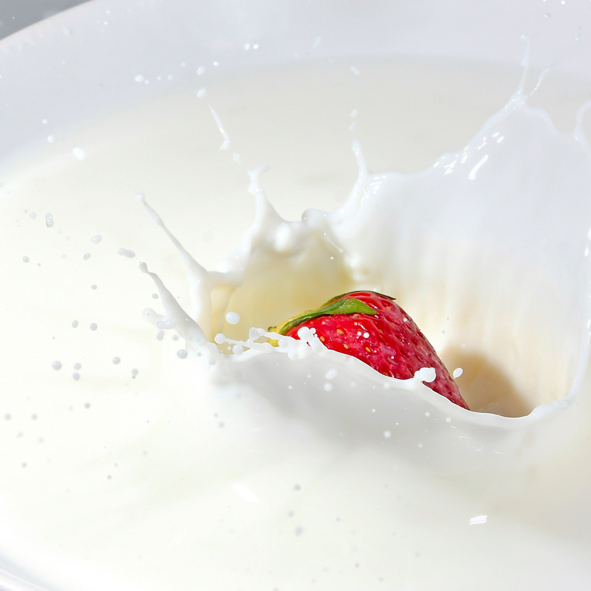 Strawberry splashing in milk wallpaper 2048x2048