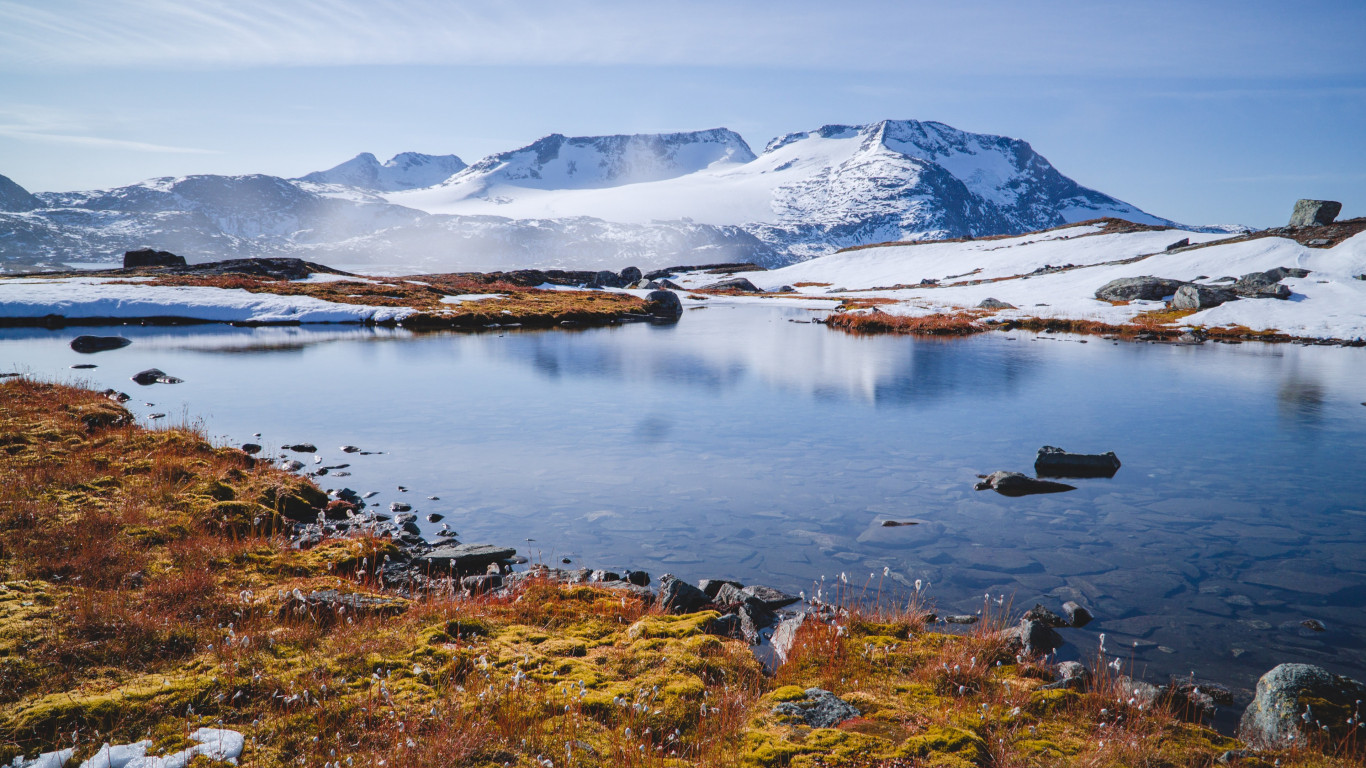 Mountains, snow, water, nature, Norway wallpaper 1366x768